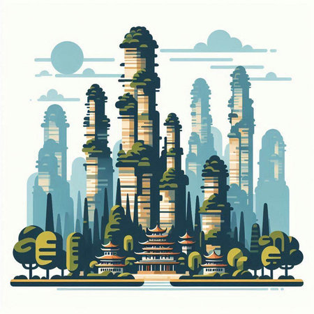 Modern city with buildings and skyscrapers. Vector illustration in flat style.のイラスト素材