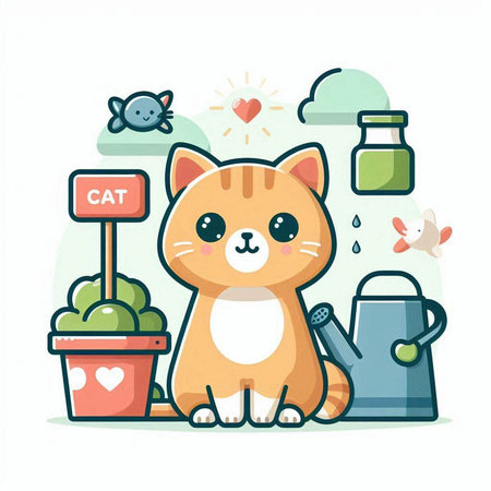 Cute cat with watering can and flower pot. Pet care concept. Vector illustrationのイラスト素材