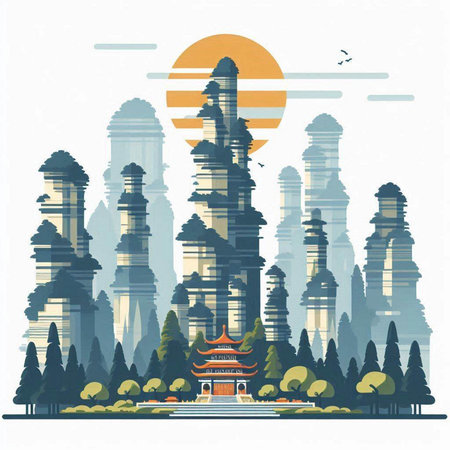 Landmarks of the city with pagodas and temples. Vector illustration.のイラスト素材