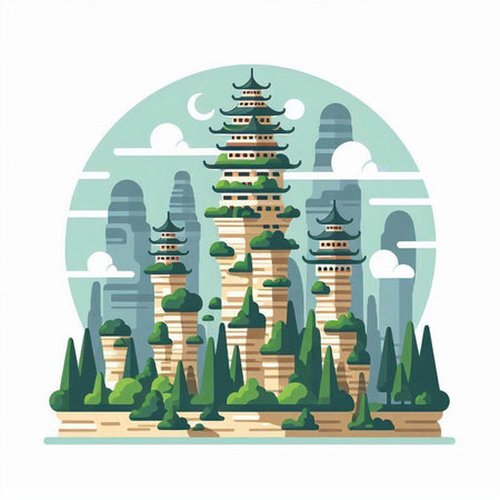 Landscape with pagodas. Vector illustration in flat style.のイラスト素材