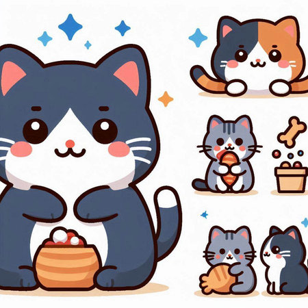 Set of cute cartoon cat in different poses and actions. Vector illustration.のイラスト素材