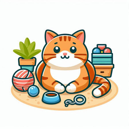 Cat sitting on the sand and playing with balls of yarn. Vector illustration.のイラスト素材