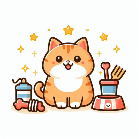 Cute cartoon cat with food and toys on white background. Vector illustration.のイラスト素材