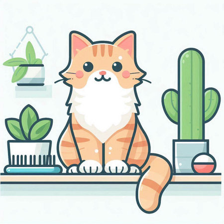 Cute cat on the shelf in the room. Vector illustration.のイラスト素材