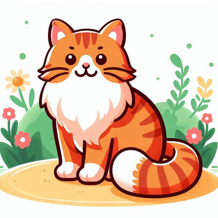 Illustration of a Cute Red Cat Sitting on the Grass with Flowersのイラスト素材