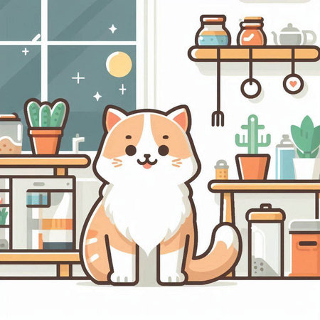 Cute cartoon cat in the kitchen. Vector illustration in flat styleのイラスト素材