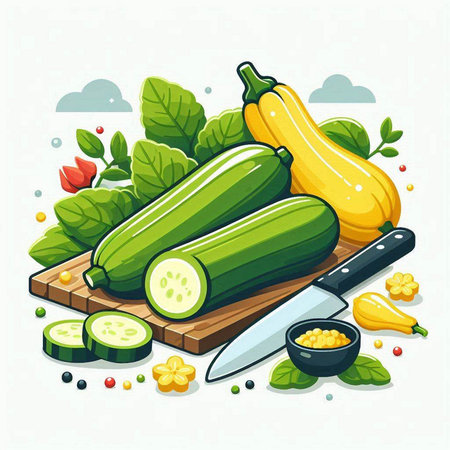Fresh zucchini on cutting board with knife. Vector illustration.のイラスト素材