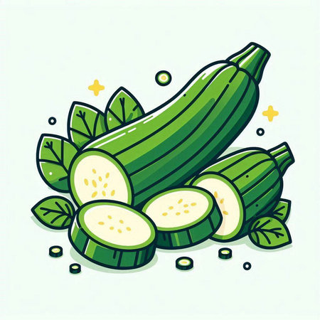 Fresh zucchini with slices and green leaves. Vector illustration.のイラスト素材