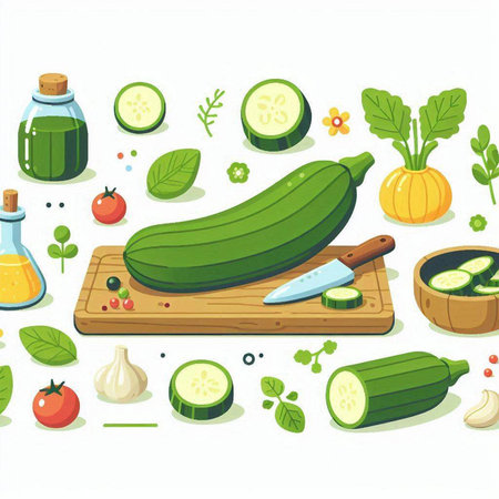 Vegetables on the kitchen table. Vector illustration in cartoon style.のイラスト素材