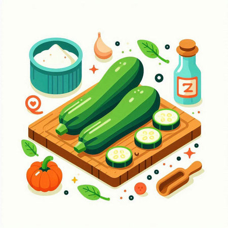 Zucchini and ingredients for cooking on wooden board. Vector illustration.のイラスト素材