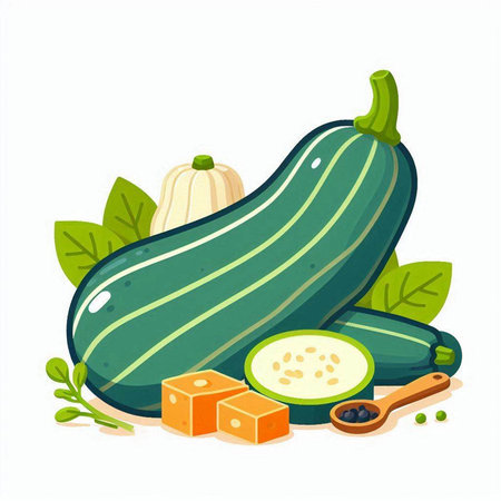Zucchini, squash and cheese. Vector illustration isolated on white background.のイラスト素材