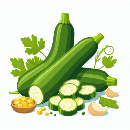 Fresh zucchini and garlic isolated on white background. Vector illustration.のイラスト素材