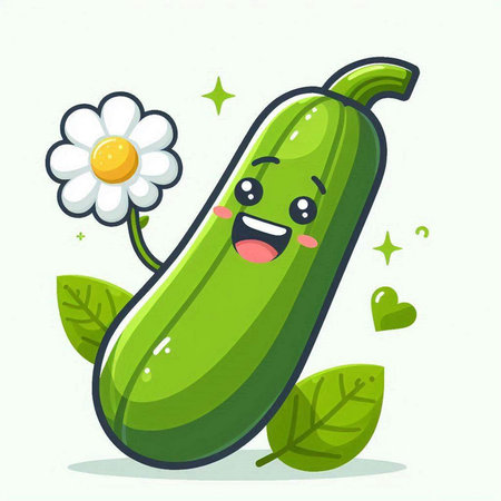 Cucumber cartoon character with flower. Cucumber vegetable vector illustrationのイラスト素材
