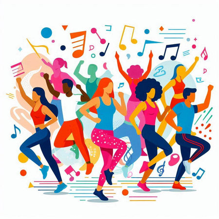 Group of young people dancing. Colorful vector illustration in flat style.のイラスト素材