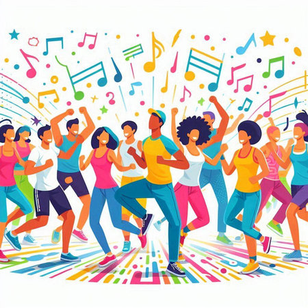 Dancing people flat color vector illustration. Group of young men and women dancing at party. Musicians with musical notes isolated cartoon characters on white backgroundのイラスト素材