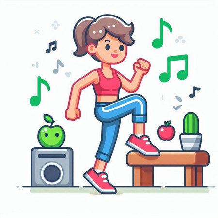 Young woman doing fitness exercise at home. Healthy lifestyle. Vector illustration.のイラスト素材
