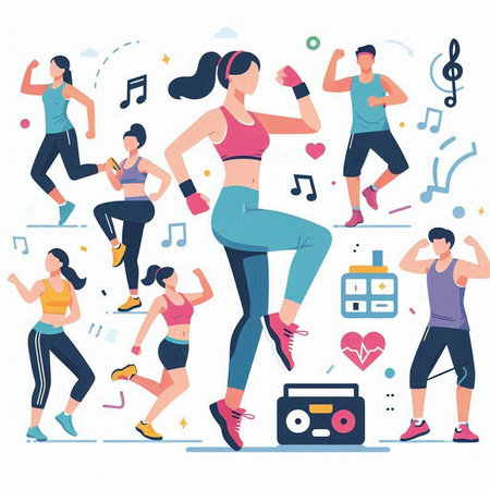 Vector illustration of a group of people engaged in fitness. Flat style.のイラスト素材