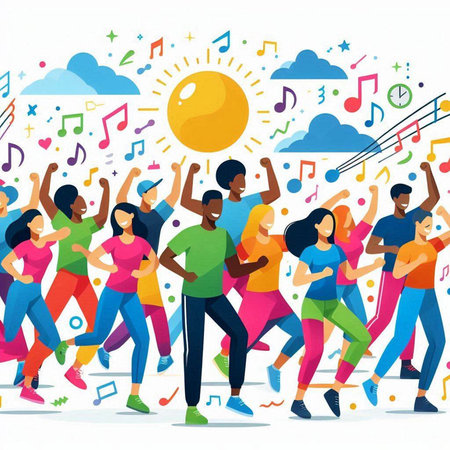Group of happy people dancing and listening to music. Vector illustration.のイラスト素材
