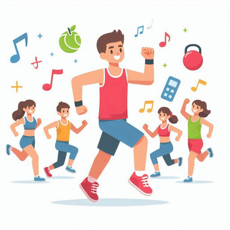 Running people. Group of sportive people running together. Vector illustration in cartoon styleのイラスト素材