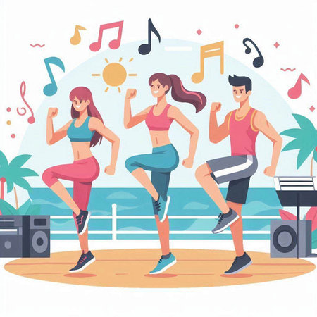 Group of young people exercising on the beach. Flat vector illustration.のイラスト素材