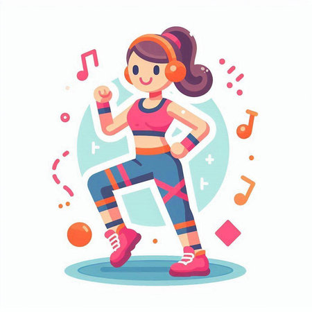 Sporty girl with headphones doing fitness exercises. Vector flat cartoon illustrationのイラスト素材