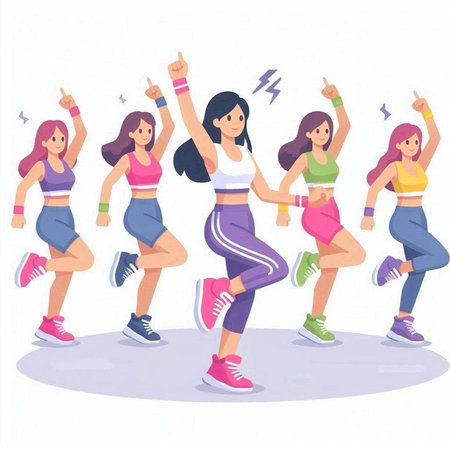 Sporty women dancing. Vector illustration in cartoon style on white background.のイラスト素材