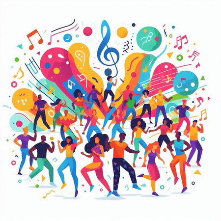 Dancing people. Crowd of happy young people dancing together. Vector illustrationのイラスト素材