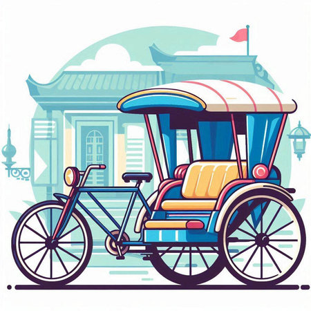 Vintage rickshaw car on the street, vector illustration.のイラスト素材