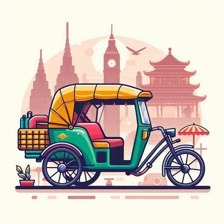 Tuk tuk in the city. Vector illustration in flat styleのイラスト素材