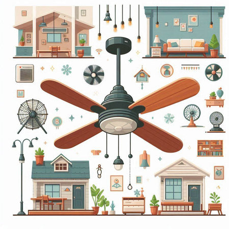 Ceiling fan in cozy house. Vector illustration in flat styleのイラスト素材