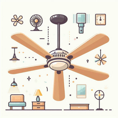 Ceiling fan flat design vector illustration. Furniture and interior design concept.のイラスト素材