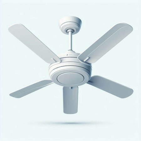 Ceiling fan on blue background. 3D rendering. High resolution image.のイラスト素材