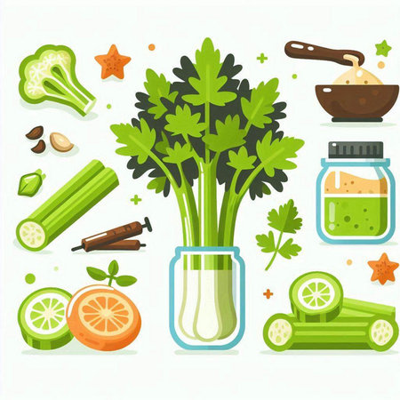 Celery, celery, parsley, lemon, pepper and garlic. Vector illustration.のイラスト素材