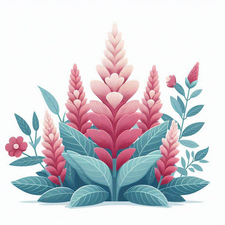 Beautiful pink and blue flowers with green leaves. Vector illustration.のイラスト素材