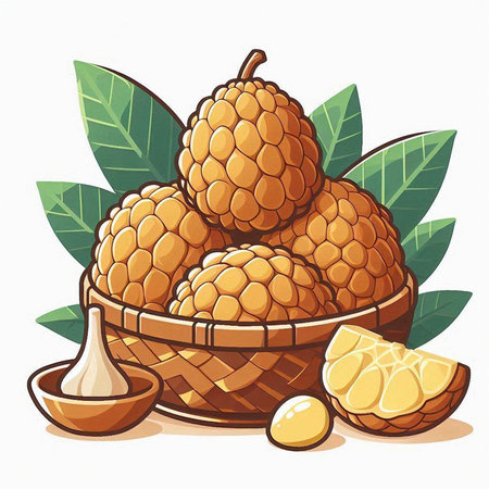 Litchi fruit in a wicker basket. Vector illustration.のイラスト素材