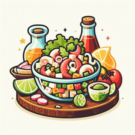 Salad in a bowl with vegetables and sauce. Vector illustration.のイラスト素材
