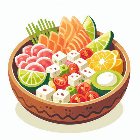 Vector illustration of a bowl of salad with fresh fruits and vegetables.のイラスト素材