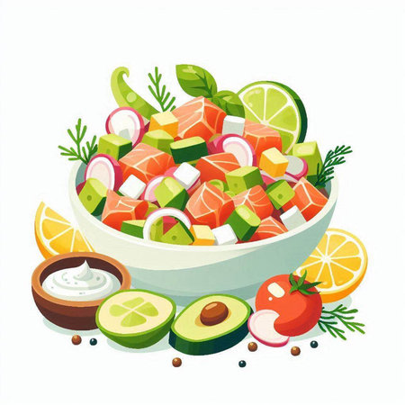 Salad with salmon, avocado, cucumber, onion and herbs. Vector illustration.のイラスト素材