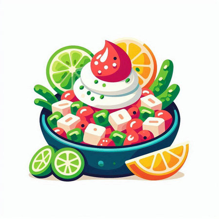 Salad with feta cheese, tomatoes, cucumbers, olives and mozzarella. Vector illustration.のイラスト素材