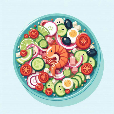 Plate of fresh salad with shrimp, tomato, cucumber, onion and olives.のイラスト素材