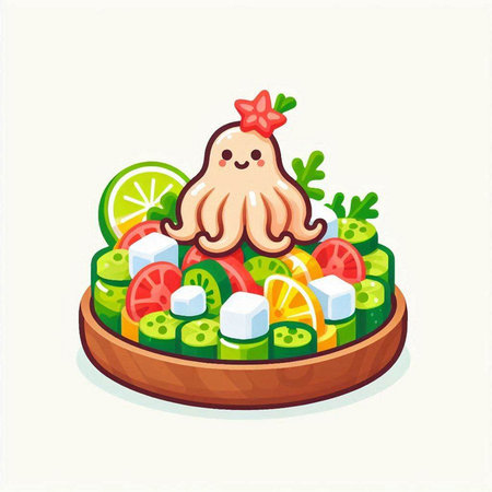 Fruit and vegetable salad with octopus. Vector cartoon illustration.のイラスト素材