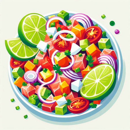 Illustration of a bowl of fresh vegetable salad with lime and onionのイラスト素材