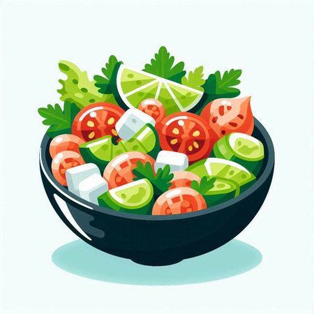 Salad with tomato, cucumber, onion, lettuce and feta cheese in bowl. Vector illustration.のイラスト素材