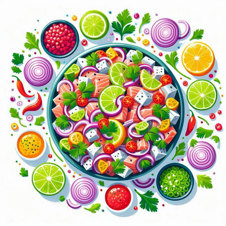 Salmon fish salad with herbs and spices in a bowl. Vector illustration.のイラスト素材