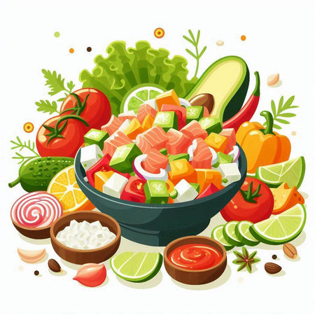 Vegetable salad with avocado, tomato, cucumber, onion, pepper, lime and spices. Vector illustration.のイラスト素材