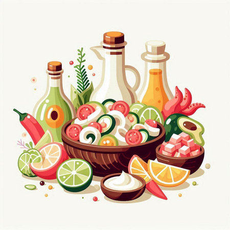Vegetable salad with olive oil, lemon, olives, tomato, cucumber, onion, parsley, pepper, olive oil. Vector illustration.のイラスト素材