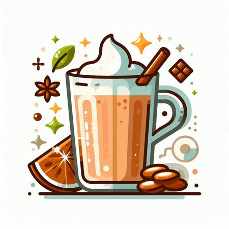 Cup of hot coffee with whipped cream, cinnamon, gingerbread, star anise and cocoa beans. Vector illustration.のイラスト素材