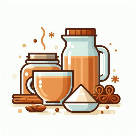 Coffee, tea, milk, cinnamon, ginger, powder, sugar. Vector illustration.のイラスト素材