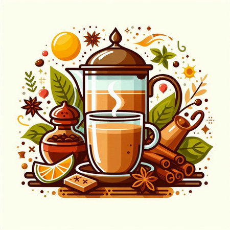 Cup of hot tea with cinnamon, star anise, orange, ginger, cloves. Vector illustration.のイラスト素材