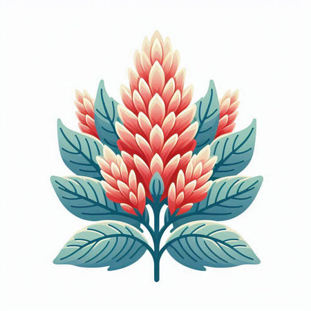 Illustration of a decorative red flower with green leaves on a white backgroundのイラスト素材